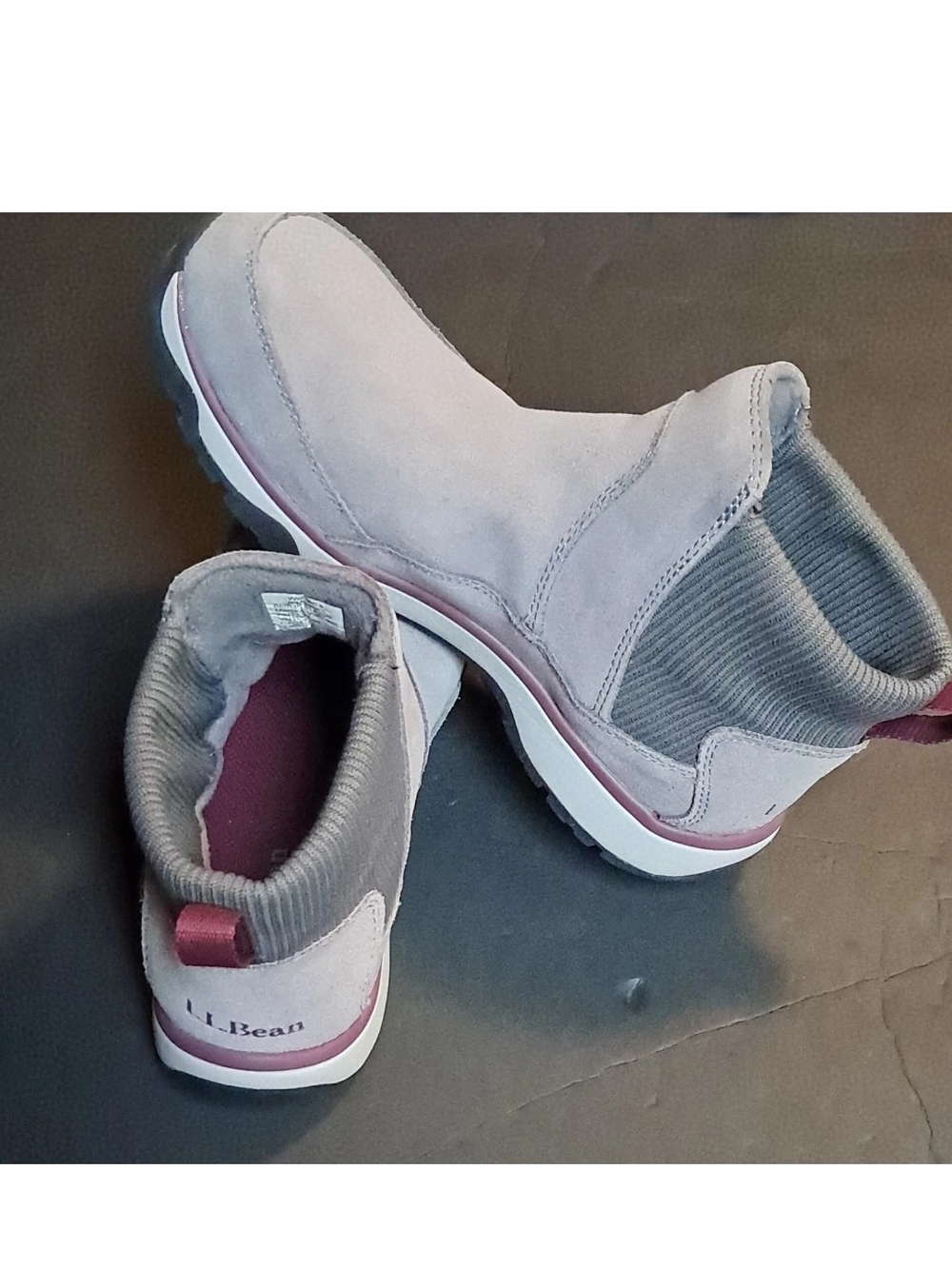 L.L. Bean Gray Suede Slip-On Ankle Boots with Pink Accent